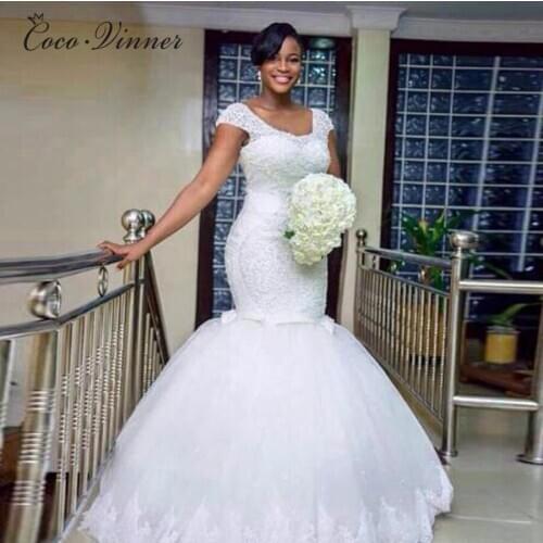 Short Sleeve Embroidery African Mermaid Wedding Dress New Lace Appliques Beading Vintage Wedding Gowns Bride Dress W0410
