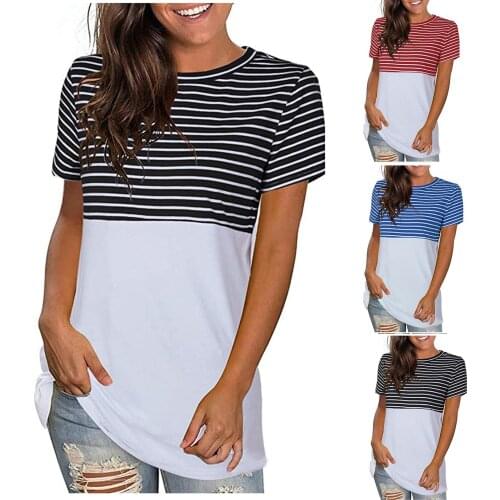 Casual Summer Women Short Sleeve T-Shirt Loose O-Neck Pullovers Sweatshirt Tops Fashion Stripe Splicing Street Female Tees Shirt