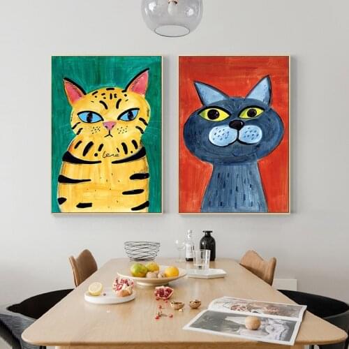 Simple Nordic funny animal cat dog pet cartoon living room childrens room mural poster print picture decorative painting