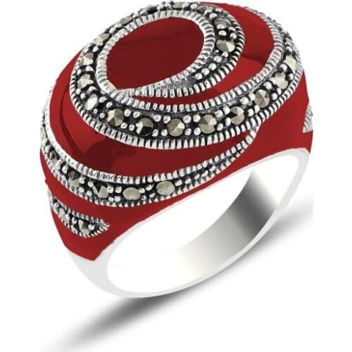 Silver 925 Sterling Enamel & Marcasite Ring