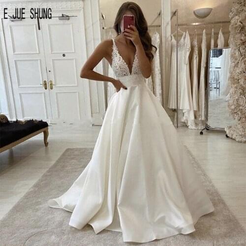 E JUE SHUNG Modern Wedding Dresses Deep V-neck Backless With Top Appliques Boho Bridal dresses With Pockets robe de mariée