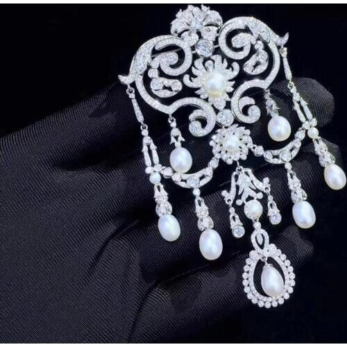 Vintage victoria palace natural fresh water pearl brooch 925 sterling silver with cubic zircon unique style fine jewelry