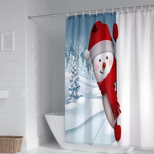 Winter Christmas Lovely Snowman Printing Shower Curtain Waterproof Fabric Washable Bedroom Shower Curtain Hook Accessories