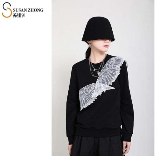 Women Hoodies Female Top Sweatshirt Japan Style Designer Fall Spring Loose Butterfly Wing Patches Embroidery Lantern Sleeve