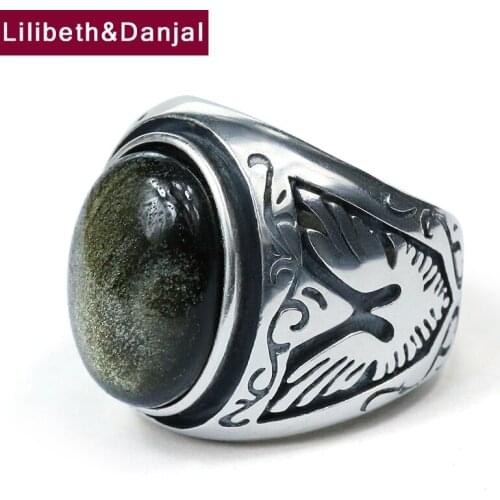 Black Onyx Gem Pure 925 Sterling Silver Flying Eagle Inlaid Natural Stone Adjustable Wedding Ring Jewelry Men Women 2020 New R04
