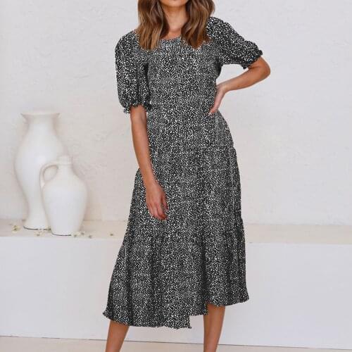 2021 Puff Sleeve Plaid Polka Dot Stitching Loose Beach Boho Dress for Womens Long Casual Maxi Dress Vintage Dress Vestido