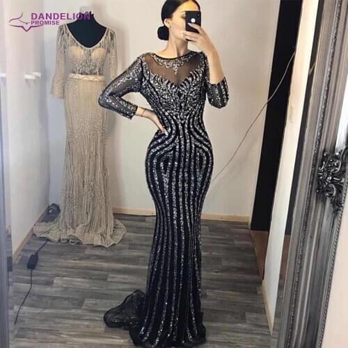 Luxury Sparkly Evening Dresses For Women 2021 Long Sleeve Mermaid Sexy Diamond Beading Formal Party Gowns