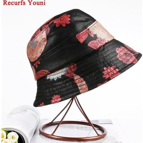 Winter Women Korean Fashion Genuine Leather Printed Hat Ladies Casual Flowers Basin Caps Fisherman Hats Wild Brim British Style