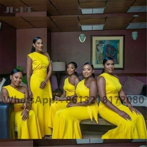 2021 Sexy Yellow Mermaid Bridesmaid Dresses Long One Shoulder Wedding Party Gown Elastic Satin Women African Bridesmaid Dresses