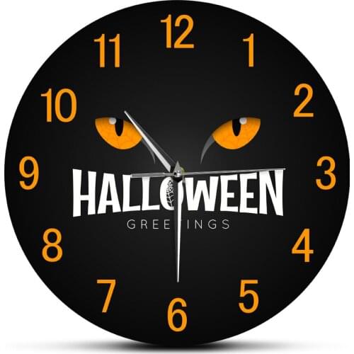 Happy Halloween Night Holiday Decorative Acrylic Wall Clock Gift for Kids Cat Eyeball in Dark Mute Quartz Printed Clocks Watch