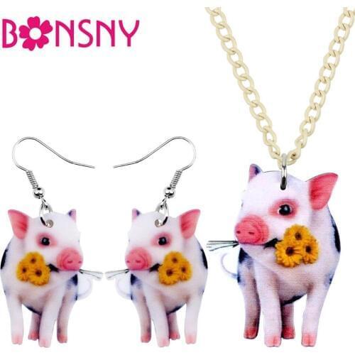 Bonsny Acrylic Jewelry Set Flower Piggy Necklace Earrings Collar Fashion Animal Pendant For Women Girls Gift Accessories NE+EA