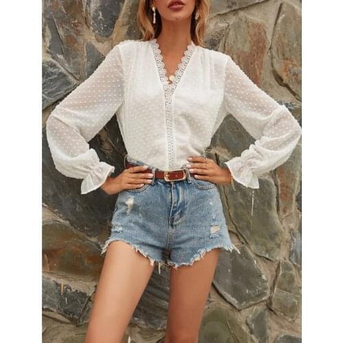 Lace Patchwork Dot Chiffon Autumn New Tops V-neck Ladies Blouses Elegant Long Sleeve White Shirt Loose Office Lady Women Blouses