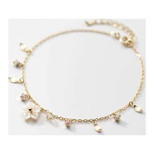 Bohi Real. 925 Sterling Silver Jewelry Shell Flower Pink Crystal Leaf CZ Chain Bracelet Tassel adjustable Charm jewelry C-S4683