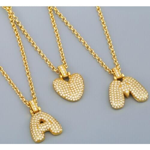 FLOLA Gold Chain Bubble Initial Letter Necklace Alphabet Pendant For Men Women Crystal Necklace Zirconia Hip Hop Jewelry nker11