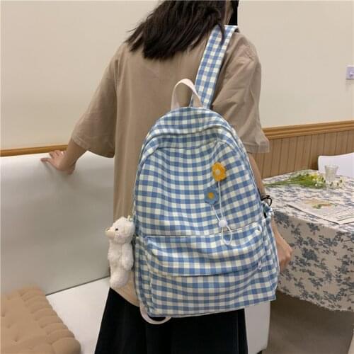 Pure and fresh and small grid fashion backpack tourism shopping leisure middle shoulders female canvas bag
