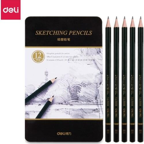 Deli Professional Sketch Drawing Graphite Pencil Set 3H 2H H HB 2B 3B 4B 5B 6B 7B 8B 9B Black lead pencils sketch 12pcs/set