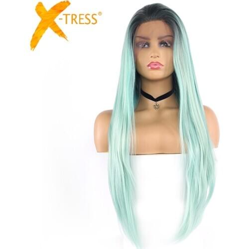 Long Straight Lace Front Synthetic Wig With Baby Hair X-TRESS Green Ombre Colored 13x4inch trendy tresse Wig For Black Women