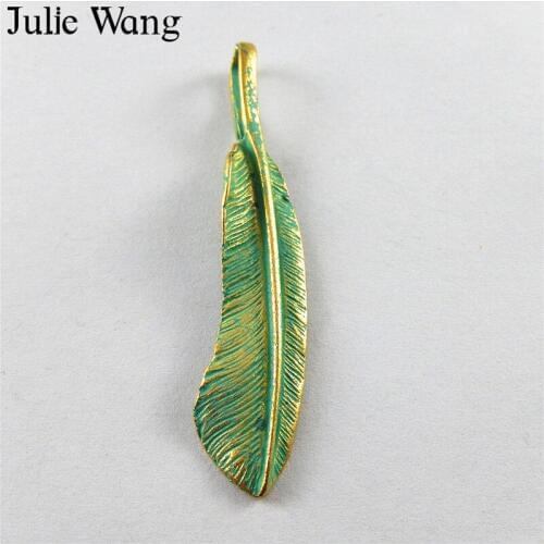 Julie Wang 20PCS Alloy Antique Green Bronze Pendant Charm Feather Shape Necklace Findings Jewelry Making Metal Accessory 52282