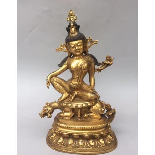 Chinese Pure Copper Carved Gold-plated Buddha Statues Lotus Tiger Animal Statue Ward Off Evil Spirits Buddhist Home Decoration