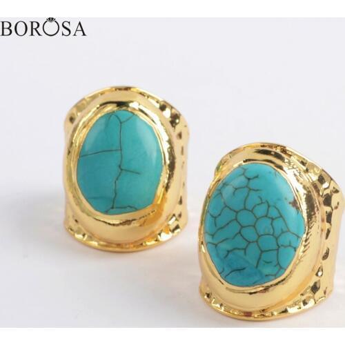 BOROSA Turquoises Rings 10Pcs Gild Blue Howlites Women Rings Ring Size:5~5.5 Boho Green Gems Rings Jewelry for Women G1882