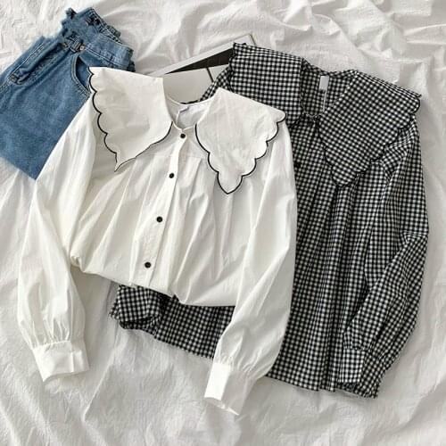 Doll Collar Hit Color Patchwork Loose Blouse Women Long Sleeve Single Breast Sweet Blusas Spring 2021 New Shirt Feminino