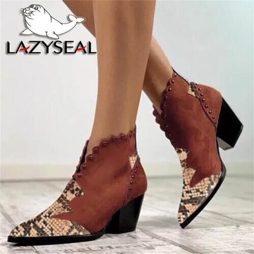 LazySeal Pointed Toe High Square Heels Round Rivets Snake Prints Ankle Boots For Women Boots Womens Shoes Mujer Plus Size 43