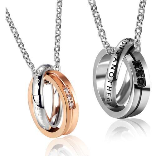 Mens Stainless Steel Chain Crystal Love Necklaces for Couples Women Ladies Fashion Trendy Pendants
