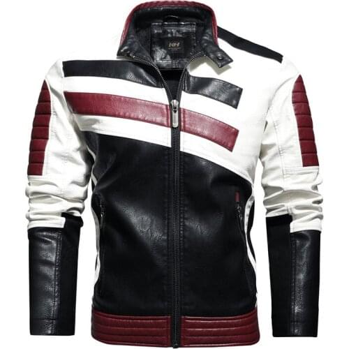 New Autumn Motorcycle Pu Leather Jacket Men Hit Color Stand Collar Mens Leather Jacket Business Casual Leather Jacket Men