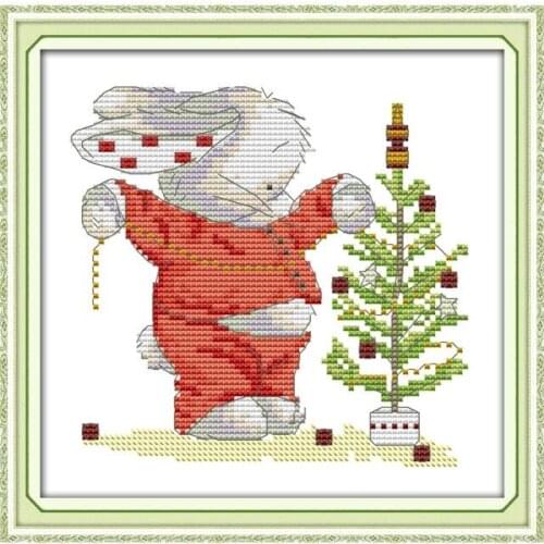 Bunny and Christmas tree cross stitch kit aida 14ct 11ct count print canvas cross stitches needlework embroidery DIY handmade
