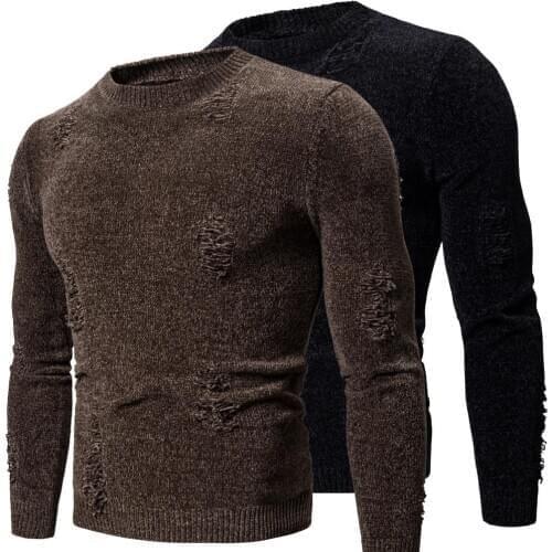 2020 autumn new mens solid color round neck ripped sweater mens knitted sweater sweater