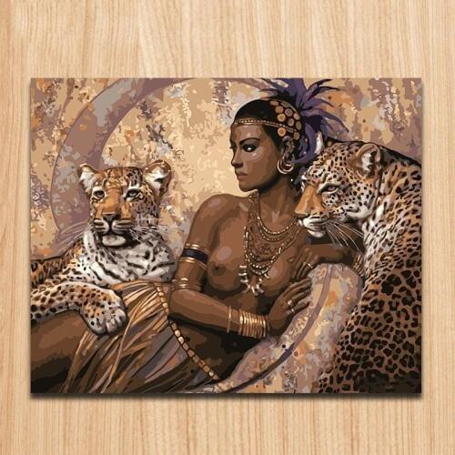 Coloring by numbers elegant dark skin woman and leopards,African tribes Character oil painting cancas paint with kits