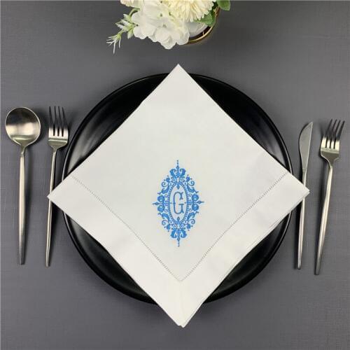 Napkins Monogrammed Dinner Napkins White linen Hemstitch Table Napkins 20"x20"Ladder Embroidered Initial G Tea Napkins