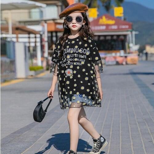 Kids Girls Daisy Print Short Sleeve Mesh Tops 8 10 years 2021 Summer Fashion Teen Girls Long T shirt