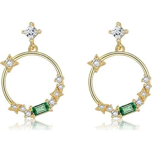 SILVERHOO S925 Sterling Silver For Women Jewelry Shining Crystal Zircon Circle Wreath Drop Earrings Trendy Gold Color Earring