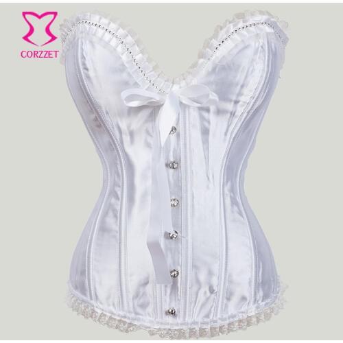 Rhinestone & Victorian Lace Bridal Corsets & Bustiers Satin White Bustier Top Corset Zipper Sexy Korset Wedding Gothic Lingerie