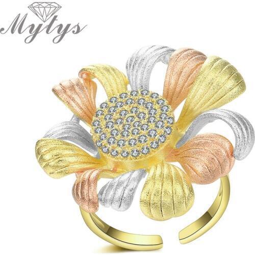 Mytys Three Tone Silver Yellow Rose Gold Flower Ring Adjustable Size Open Cuff Ring for Women Mix Gold Pave Setting CZ R2059