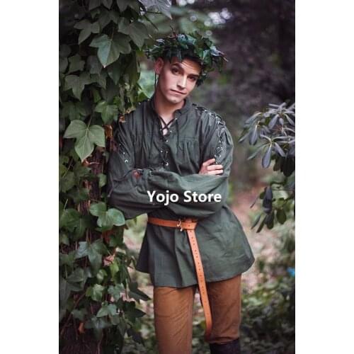 Adult Men Medieval Knight Warrior Costume Green Tunic Clothing Norman Chevalier Braid Viking Pirate Saxon LARP Top Shirt For Men
