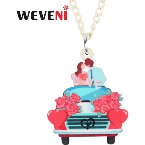 WEVENI Valentines Day Acrylic Sweet Blue Flowers Car Necklace Pendant Long Fashion Chain Charms Gifts Jewelry For Women Girls