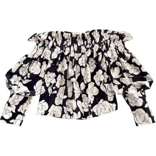 Spring And Autumn New Short Shirt Feminine Sense One-shoulder Puff Sleeve Retro Printed Blouse Foreign Style Small Shirt