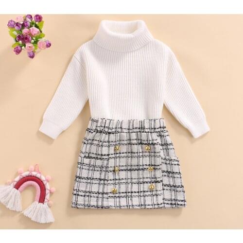 2 Pcs Girls Clothes Autumn Winter Casual Outfits Solid Color Long Sleeve Turtleneck Knitted Sweater + Plaid Skirt with Buttons