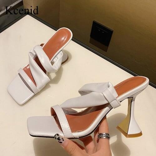 Kcenid 2021 Summer New Mules Shoes Woman Square Toe High Heels Slides Ladies Shoes Party Pumps Gold Black White Big Size 35-42