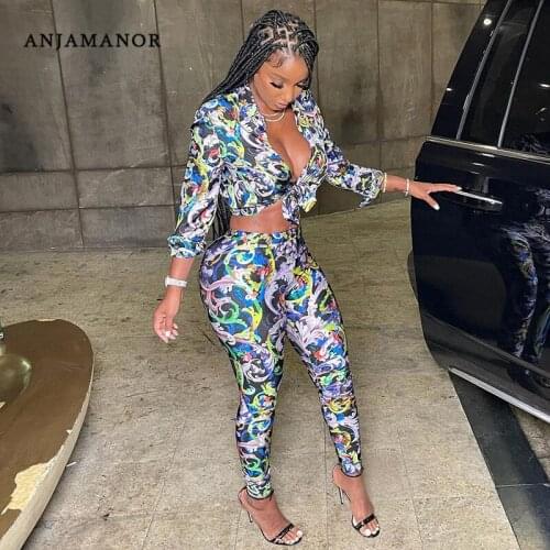 ANJAMANOR 2 Piece Set Boho Printed Fashion Pants with Long Sleeve Top Cropped Blouses Sexy Club Outfits for Women 2021 D85-EZ33