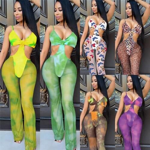 Adogirl Leopard Butterfly Tie Dye Print Sheer Mesh Patchwork Jumpsuit Women Sexy Spaghetti Straps Romper Club Overalls Bodysuit