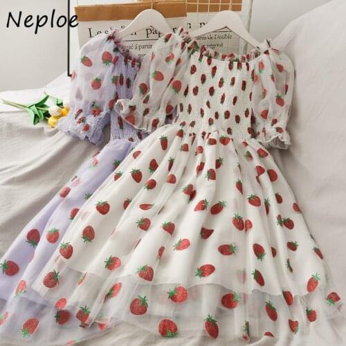 Neploe Bling Sequined Strawberry Print Women Dress High Waist Mesh Patchwork Dresses 2021 Sweet Cute Slash Neck Vestidos