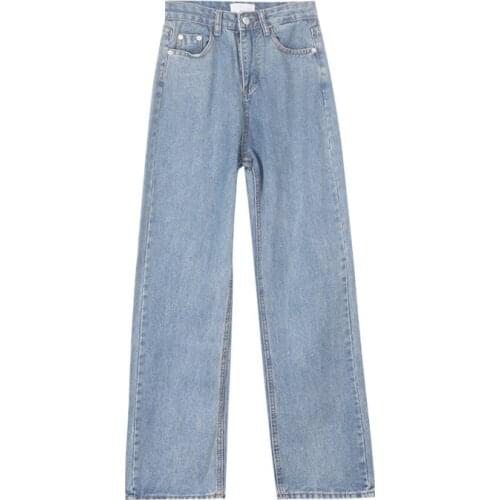 2021 New Womens Spring High Waist Denim Wide Leg Trouser Washed Vintage Y2K Baggy Light Blue Girl Student Straight Long Pants