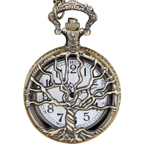 Steampunk Hollow Design Tree of Life Quartz Pocket Watch With Fob Chain Women Watch Pendant Necklace Chain Men Gift CF1088