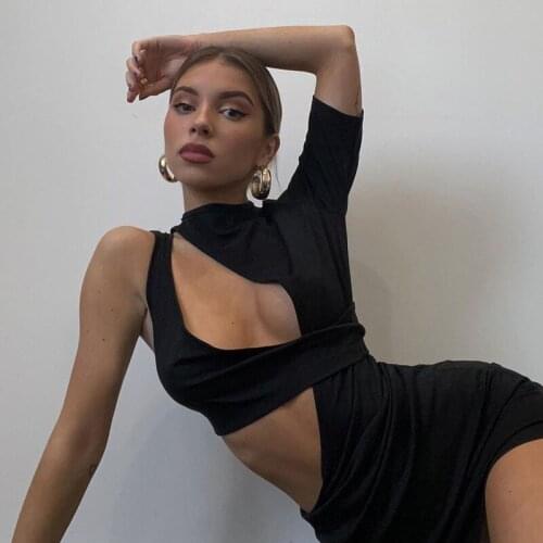 Black Cut Out Sexy Bandage Mini Dress for Women Bodycon Skinny Club Party Dresses Elegant Short Sleeve 2021 Summer Y2K Clothes