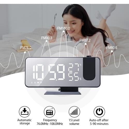 Digital Alarm Clock FM Radio Charger Ports Mirror Surface 180° Projection Decorative Projection Clock Modern USB Office Large