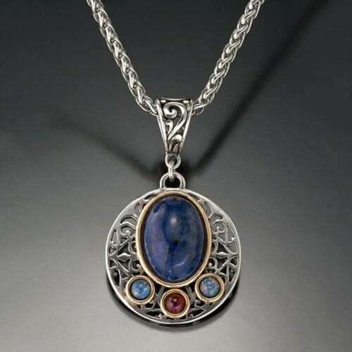 Gypsy Blue Stone Pendant Necklace Boho Tribal Beads Opal Openwork Round Chains Neacklace Jewelry Christmas Gift for Her