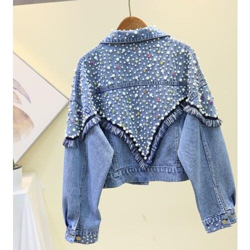 Spring autumn Vintage Pearl Beaded Casual Denim Jacket Women Long Sleeve Tassel Loose Jean Jacket Bomber Jean Coat Basic Outwear